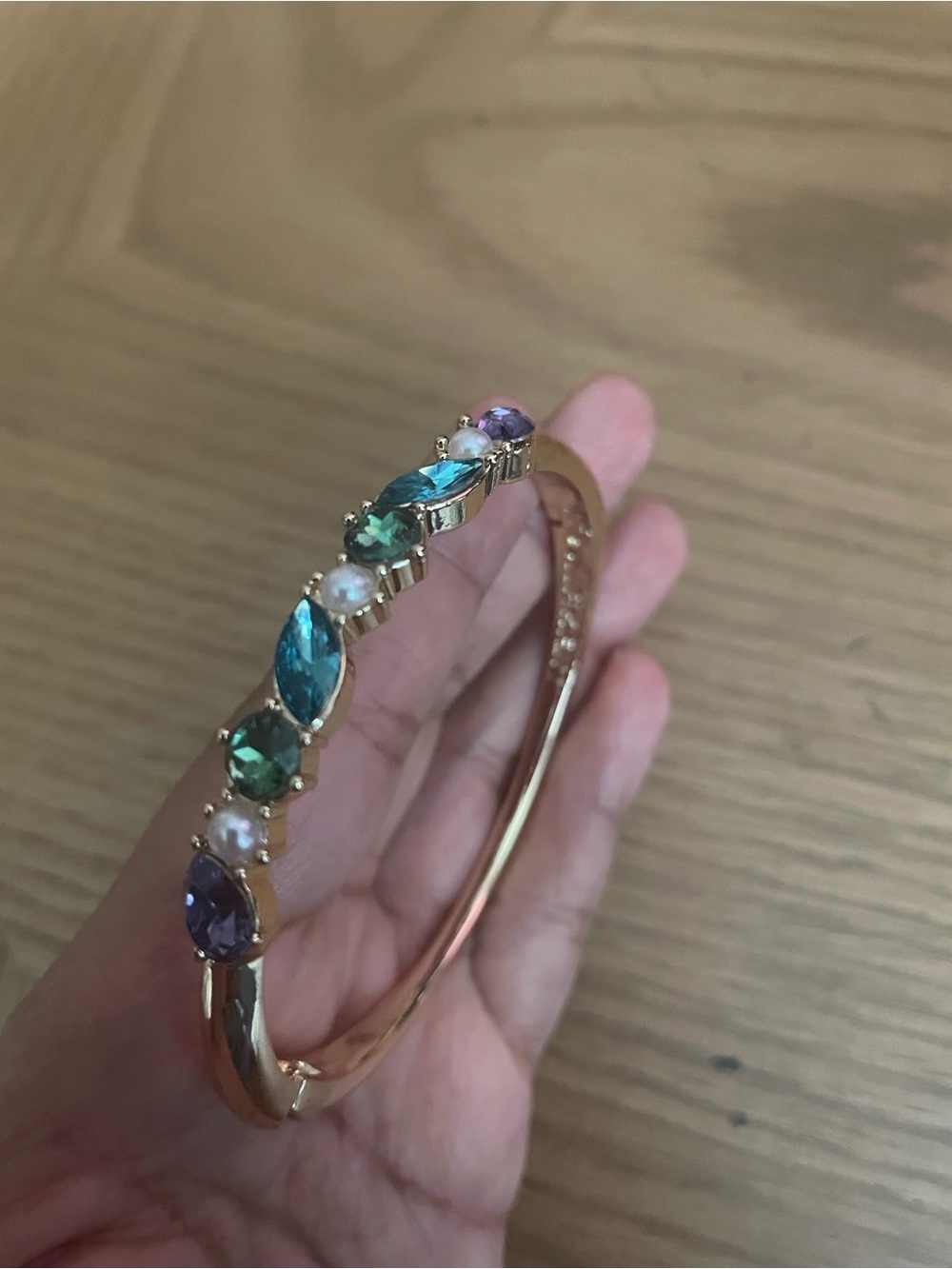 Anne Klein Gold-Tone Bracelet with Teal, Green, Purple & Pearl Accents - Picture 2 of 7